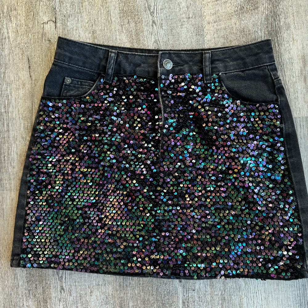 Topshop Black Denim + Sequin Mini Skirt - Size 4